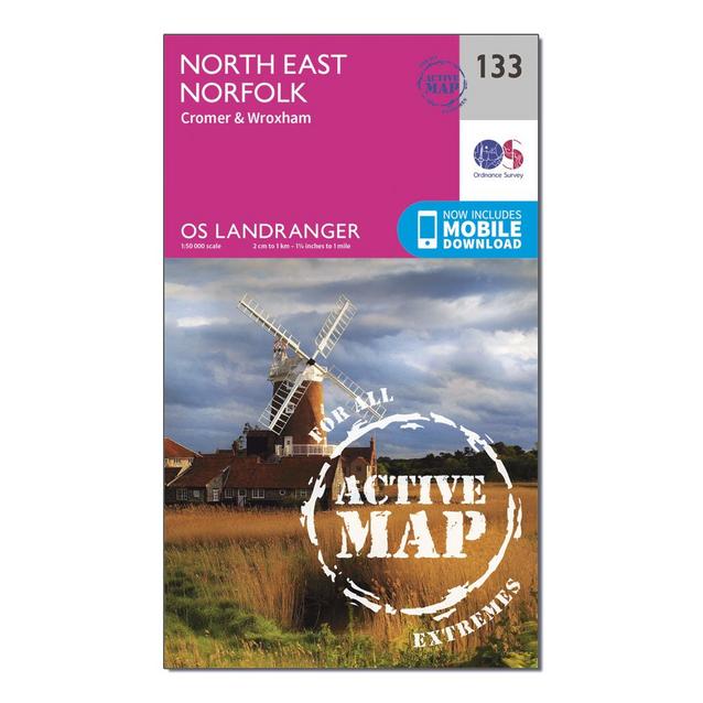 Pink Ordnance Survey Landranger Active 133 North East Norfolk, Cromer & Wroxham Fakenham Map With Digital Version image 1