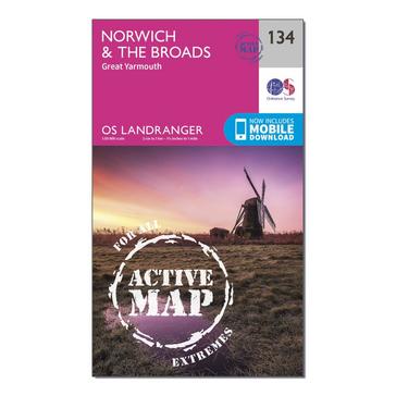 Pink Ordnance Survey Landranger Active 134 Norwich & The Broads, Great Yarmouth Map With Digital Version