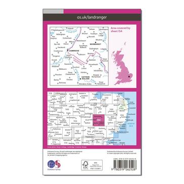 Pink Ordnance Survey Landranger 154 Cambridge & Newmarket, Saffron Walden Map With Digital Version