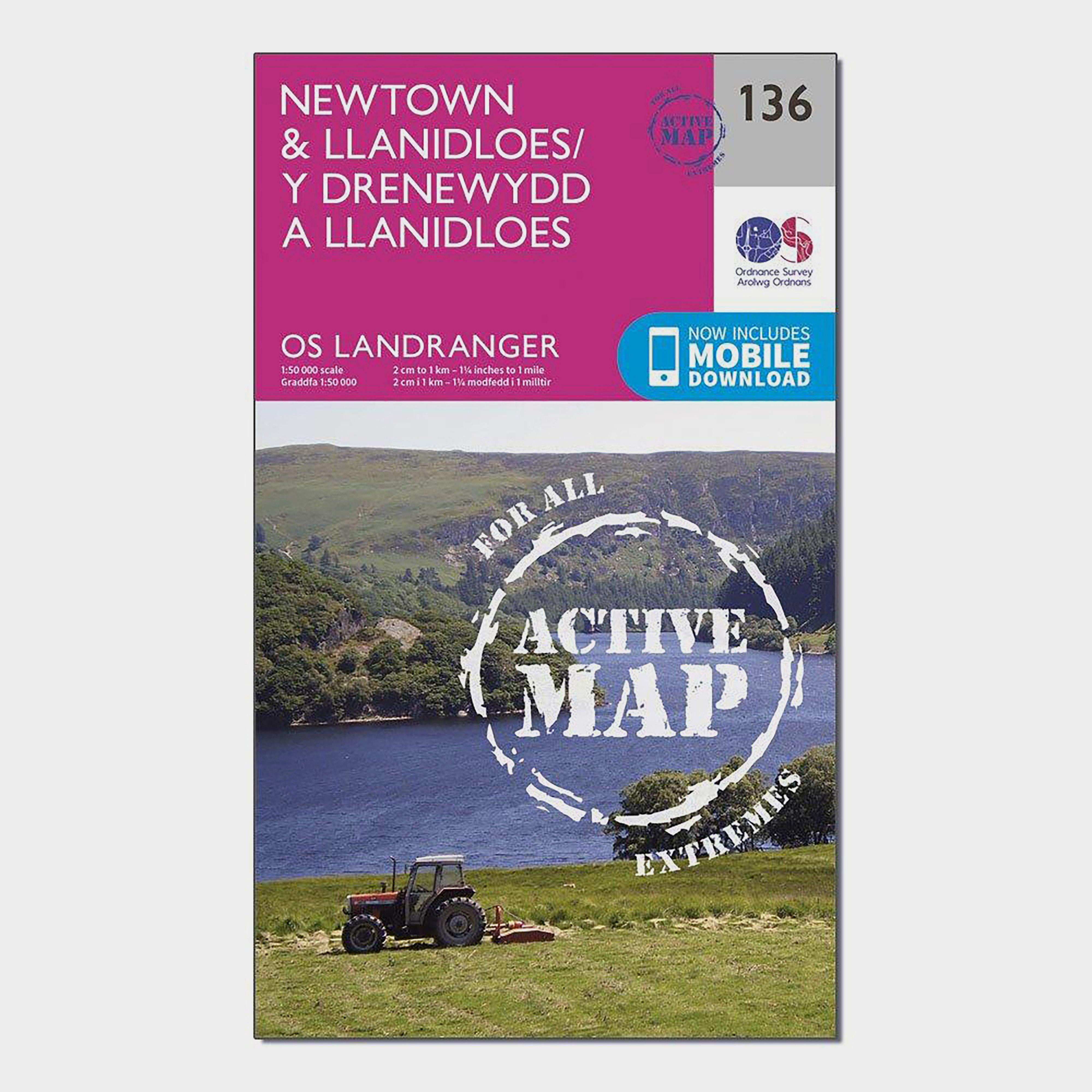 Image of Ordnance Survey Landranger Active 136 Newtown & Llanidloes Map With Digital Version - Pink, Pink