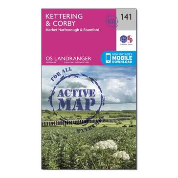 Pink Ordnance Survey Landranger Active 141 Kettering & Corby Map With Digital Version