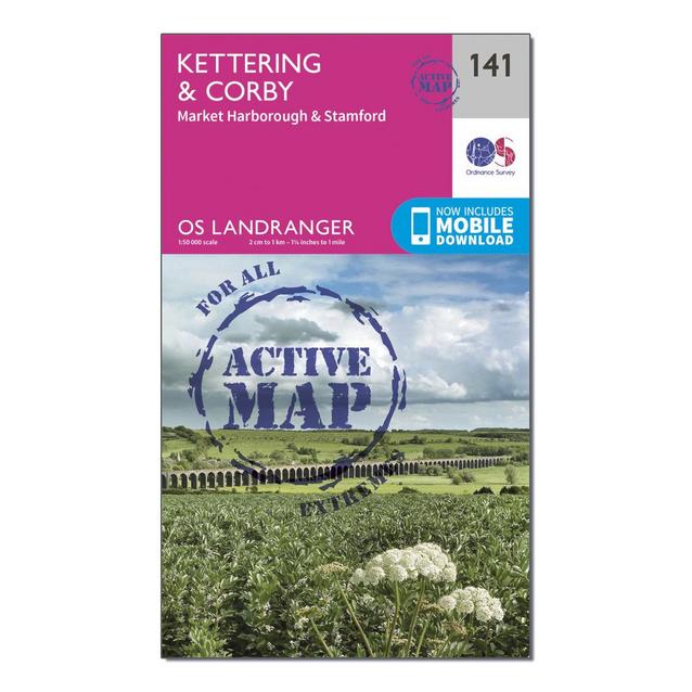 Pink Ordnance Survey Landranger Active 141 Kettering & Corby Map With Digital Version image 1
