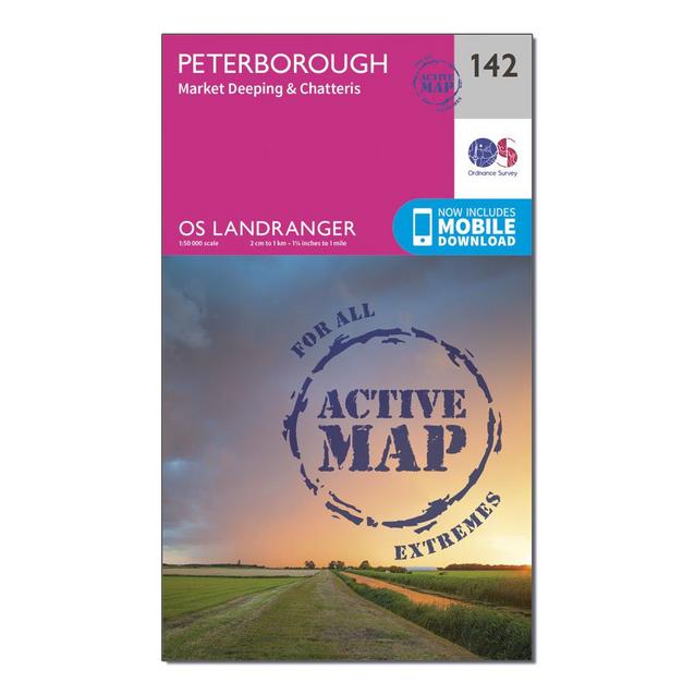 Pink Ordnance Survey Landranger Active 142 Peterborough, Market Deeping & Chatteris Map With Digital Version image 1