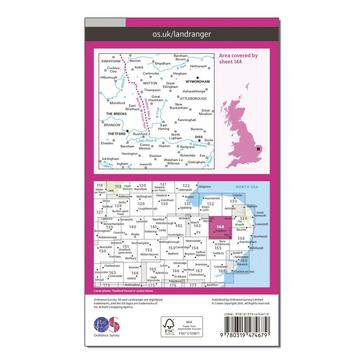 Pink Ordnance Survey Landranger Active 144 Thetford & Diss, Breckland & Wymondham Map With Digital Version