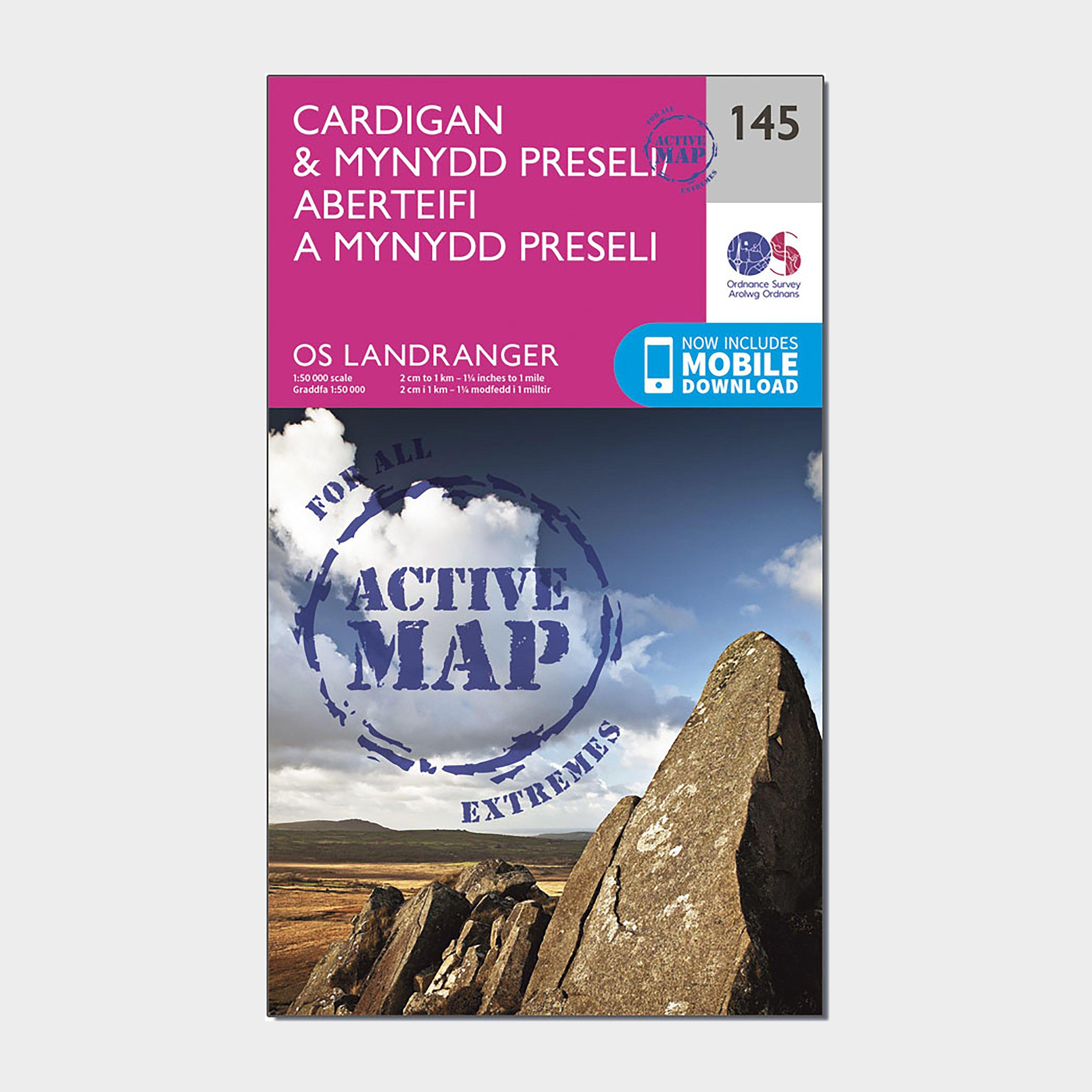 Image of Ordnance Survey Landranger Active 145 Cardigan & Mynydd Preseli Map With Digital Version - Pink, Pink