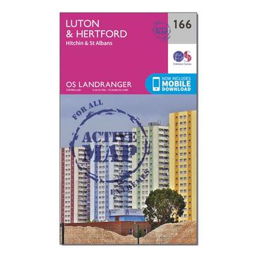 Pink Ordnance Survey Landranger Active 166 Luton, Hertford, Hitchin & St Albans Map With Digital Version