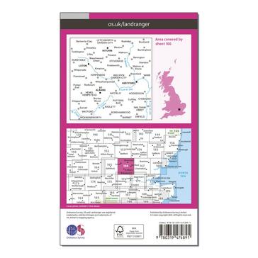 Pink Ordnance Survey Landranger Active 166 Luton, Hertford, Hitchin & St Albans Map With Digital Version