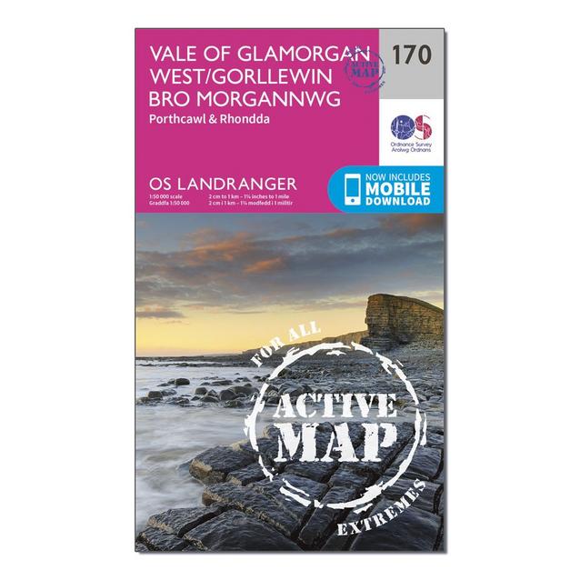 Pink Ordnance Survey Landranger Active 170 Vale of Glamorgan, Rhondda & Porthcawl Map With Digital Version image 1