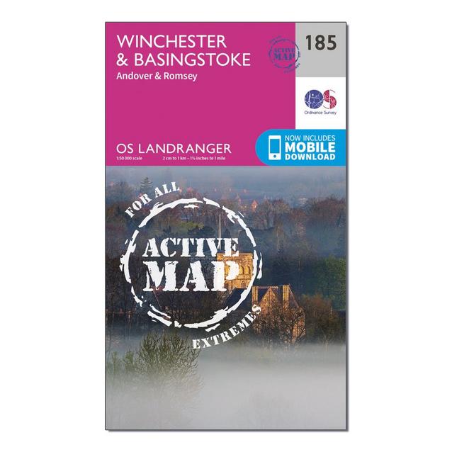 Pink Ordnance Survey Landranger Active 185 Winchester & Basingstoke, Andover & Romsey Map With Digital Version image 1