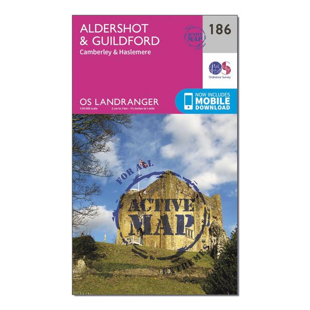 Pink Ordnance Survey Landranger Active 186 Aldershot & Guildford, Camberley & Haslemere Map With Digital Version image 1
