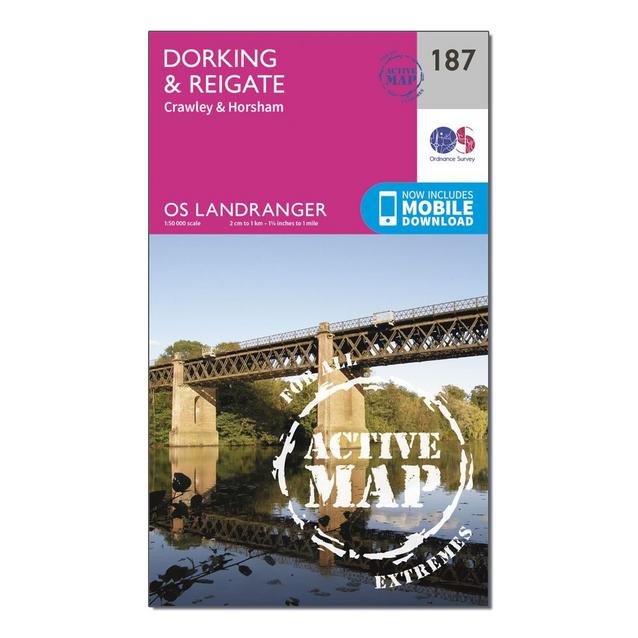 Pink Ordnance Survey Landranger Active 187 Dorking, Reigate & Crawley Map With Digital Version image 1