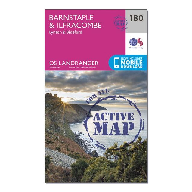 Pink Ordnance Survey Landranger Active 180 Barnstaple & Ilfracombe, Lynton & Bideford Map With Digital Version image 1