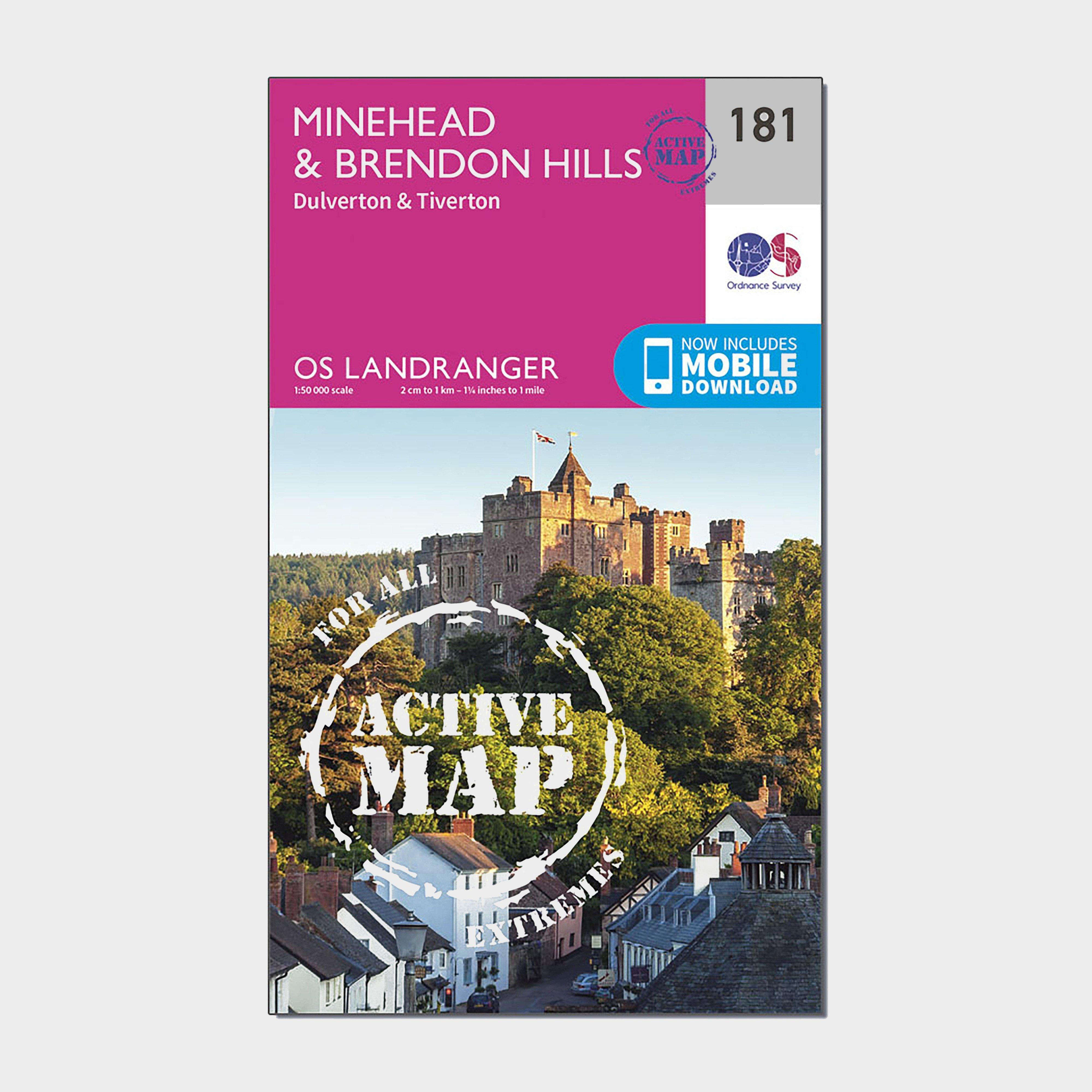 Image of Ordnance Survey Landranger Active 181 Minehead & Brendon Hills, Dulverton & Tiverton Map With Digital Version - Pink, Pink