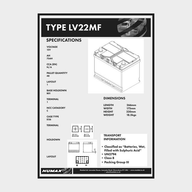 NUMAX LV22MF 12V 75Ah Sealed Leisure Battery Blacks