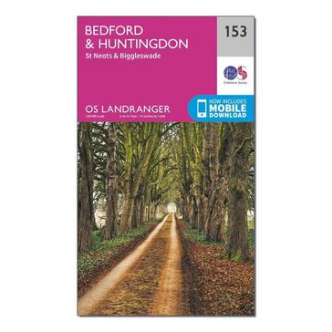 Pink Ordnance Survey Landranger 153 Bedford, Huntingdon, St Neots & Biggleswade Map With Digital Version
