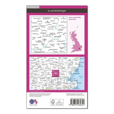 Pink Ordnance Survey Landranger 166 Luton, Hertford, Hitchin & St Albans Map With Digital Version