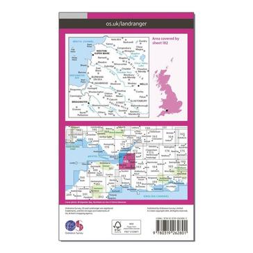 Pink Ordnance Survey Landranger 182 WestonsuperMare Bridgwater  Wells Map With Digital Version