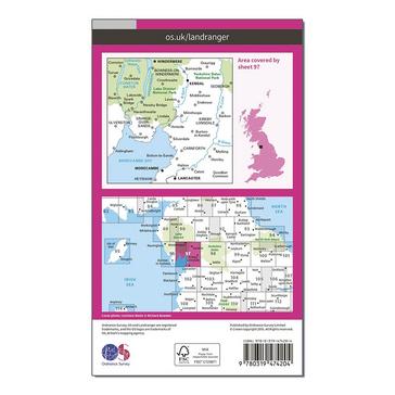 Pink Ordnance Survey Landranger Active 97 Kendal, Morecambe, Windermere & Lancaster Map With Digital Version