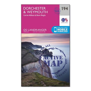 Pink Ordnance Survey Landranger Active 194 Dorchester & Weymouth, Cerne Abbas & Bere Regis Map With Digital Version