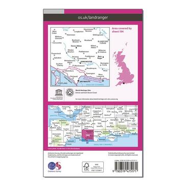 Pink Ordnance Survey Landranger Active 194 Dorchester & Weymouth, Cerne Abbas & Bere Regis Map With Digital Version