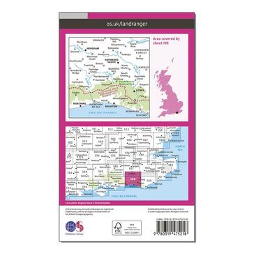 Pink Ordnance Survey Landranger Active 198 Brighton & Lewes, Haywards Heath Map With Digital Version
