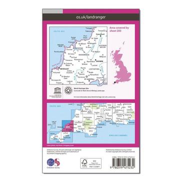 Pink Ordnance Survey Landranger Active 200 Newquay, Bodmin, Camelford & St Austell Map With Digital Version