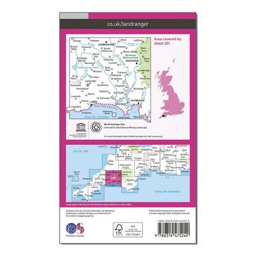 Pink Ordnance Survey Landranger Active 201 Plymouth, Launceston, Tavistock & looe Map With Digital Version