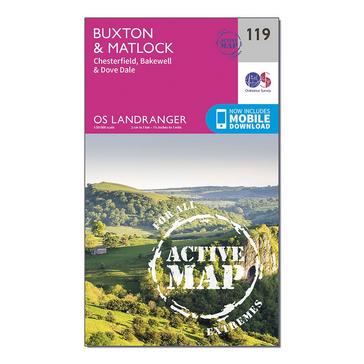Pink Ordnance Survey Landranger Active 119 Buxton & Matlock, Chesterfield, Bakewell & Dove Dale Map With Digital Version