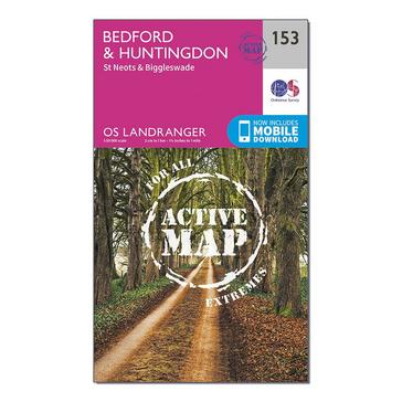 Pink Ordnance Survey Landranger Active 153 Bedford, Huntingdon, St. Neots & Biggleswade Map With Digital Version