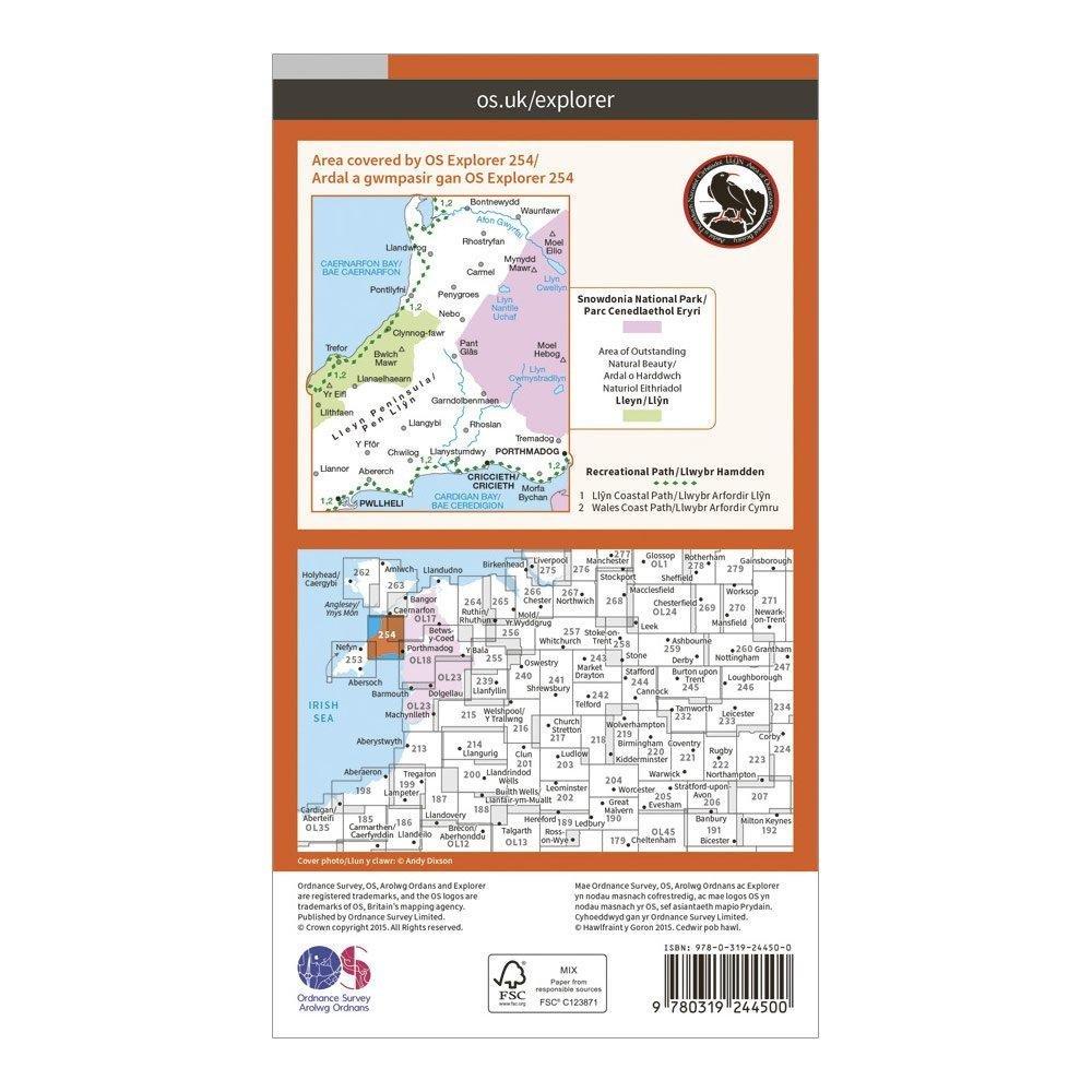 Ordnance Survey Explorer 254 Lleyn Peninsula East / Pen Llyn Ardal Ddwyreiniol Map With Digital Pension Review