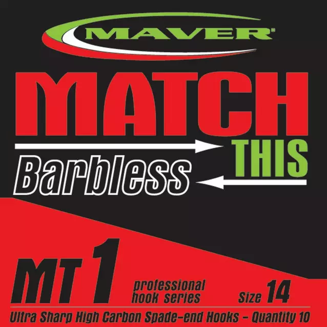All Sizes **SALE** Maver Match & Coarse Fishing MT1 Barbless Spade End Hooks 