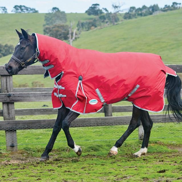 Red WeatherBeeta ComFiTec Classic 100g Medium/Lite Weight Combo Turnout Rug Red/Silver/Navy image 1