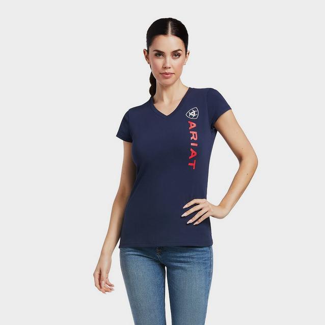 Blue Ariat Womens Vertical Logo Short Sleeved T-Shirt Navy image 1
