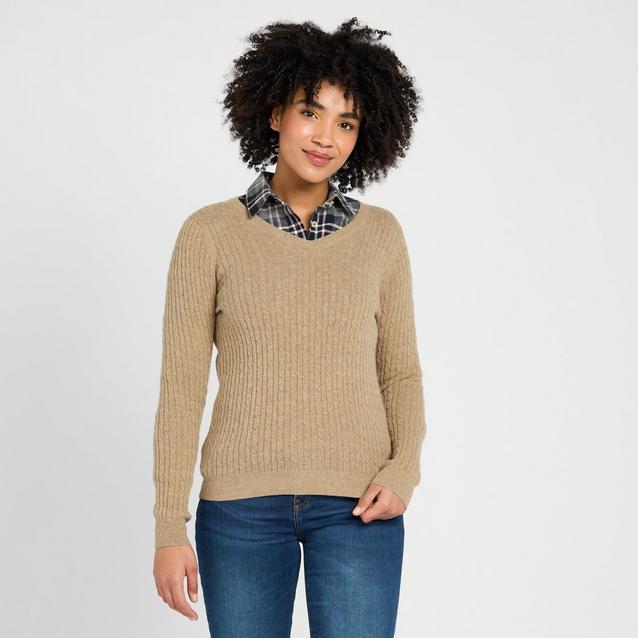 Beige/Cream Hoggs of Fife Womens Lauder Cable Pullover Camel image 1