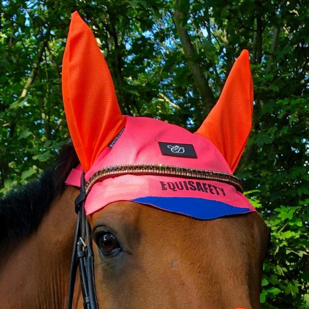  Equisafety Charlotte Dujardin Reflective Multi-Coloured Mesh Horse Ears Pink/Orange image 1