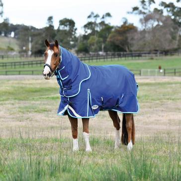 Blue WeatherBeeta ComFiTec Ultra Hardi Detach-A-Neck 100g Medium/Light Weight Turnout Rug Blue/Bright Blue/White