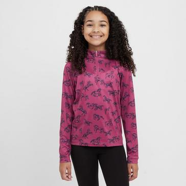 Red Dublin Kids Autumn Sally Long Sleeve Riding Top Red Violet Frolicking Horses