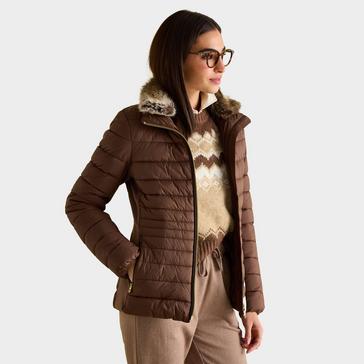 Brown Joules Womens Beckley Padded Showerproof Jacket With Faux Fur Trim Brown