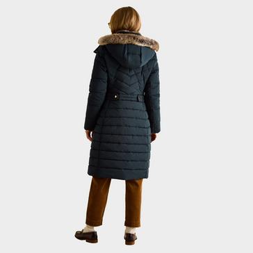 Blue Joules Womens Cherington Showerproof Longline Padded Coat with Faux Fur Hood Navy