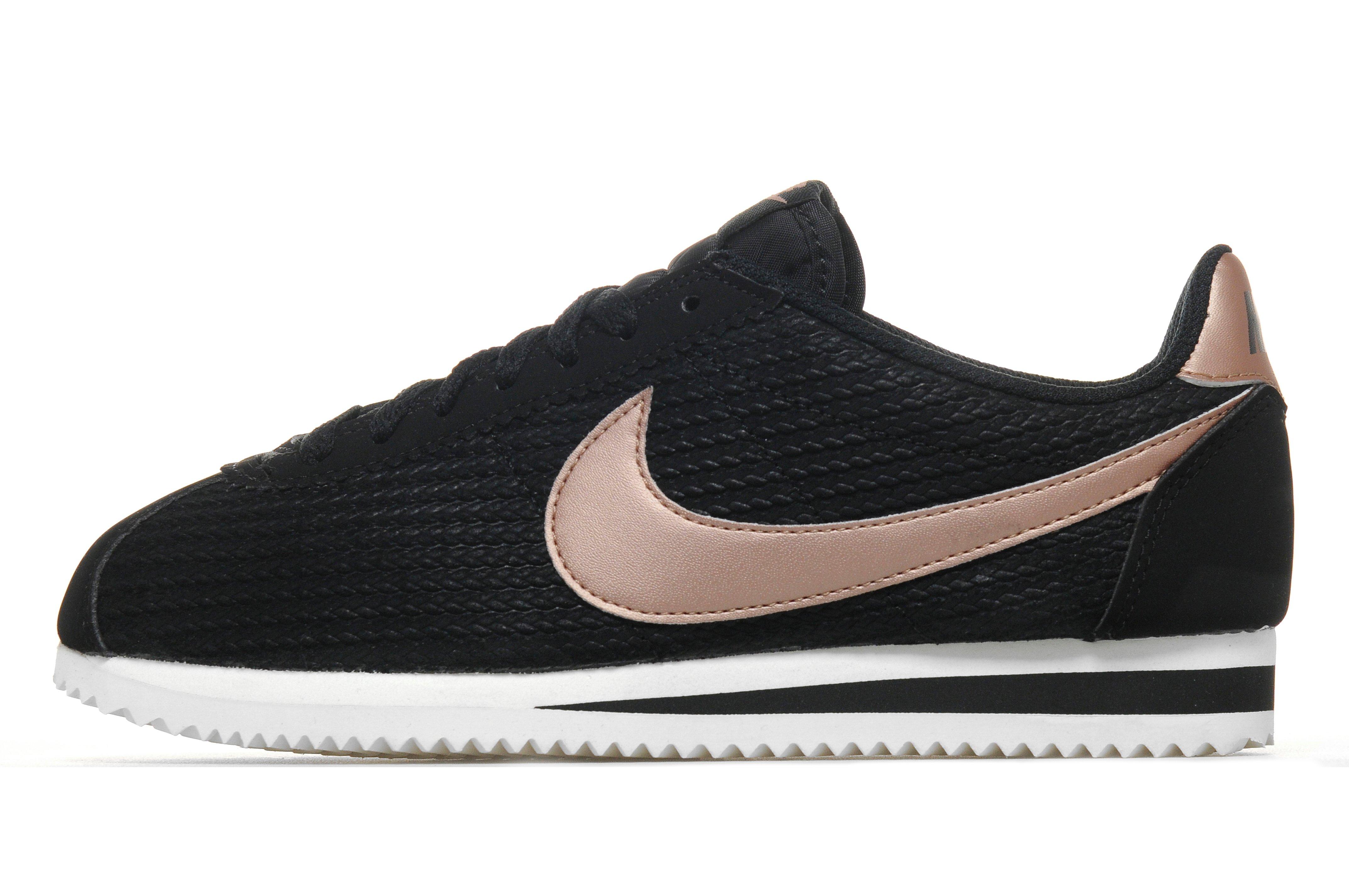 nike cortez trainers in black and rose gold