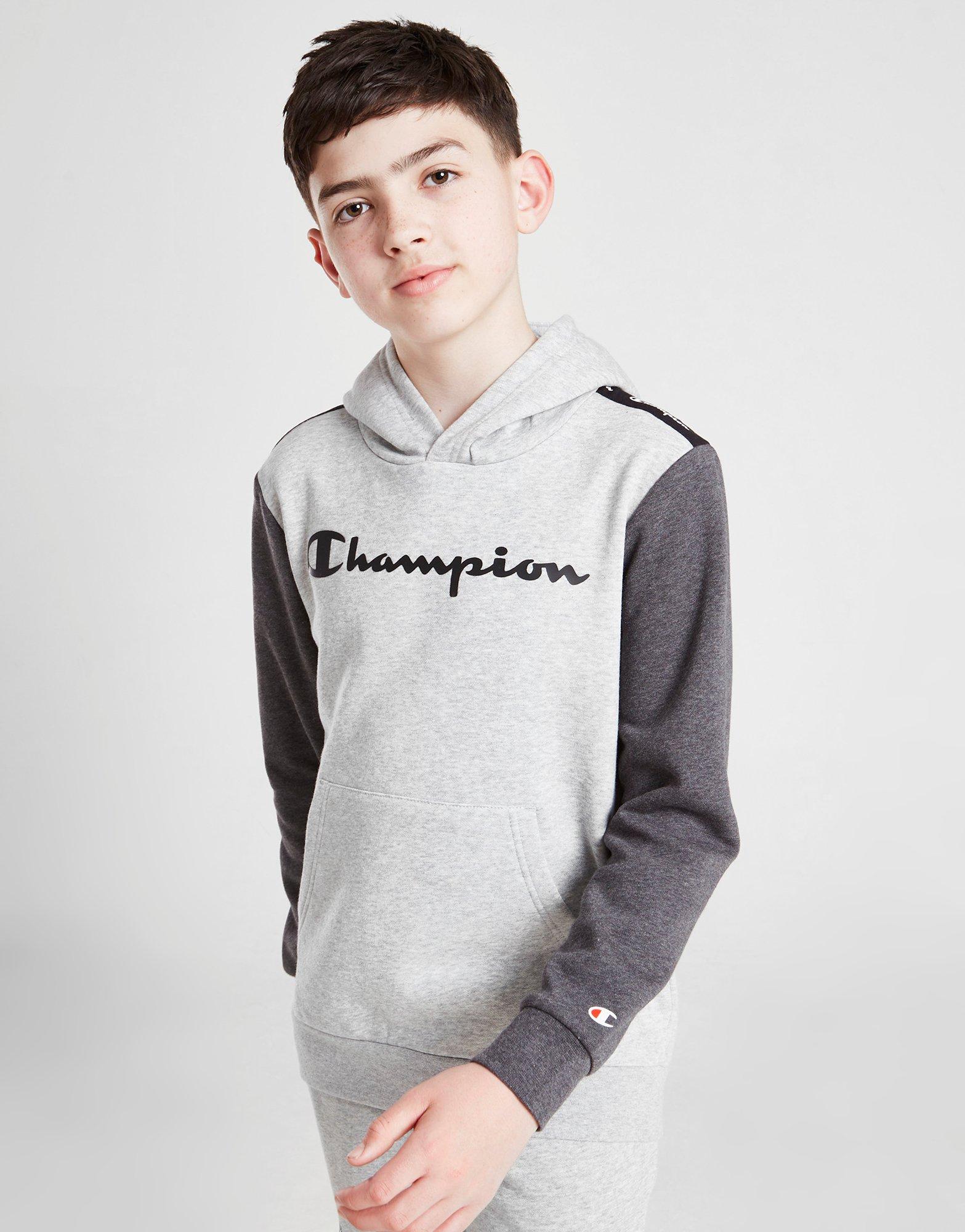 Detská mikina CHAMPION COLOUR BLOCK TAPE OVERHEAD HOODIE JUNIOR  306268EM006 Sivá