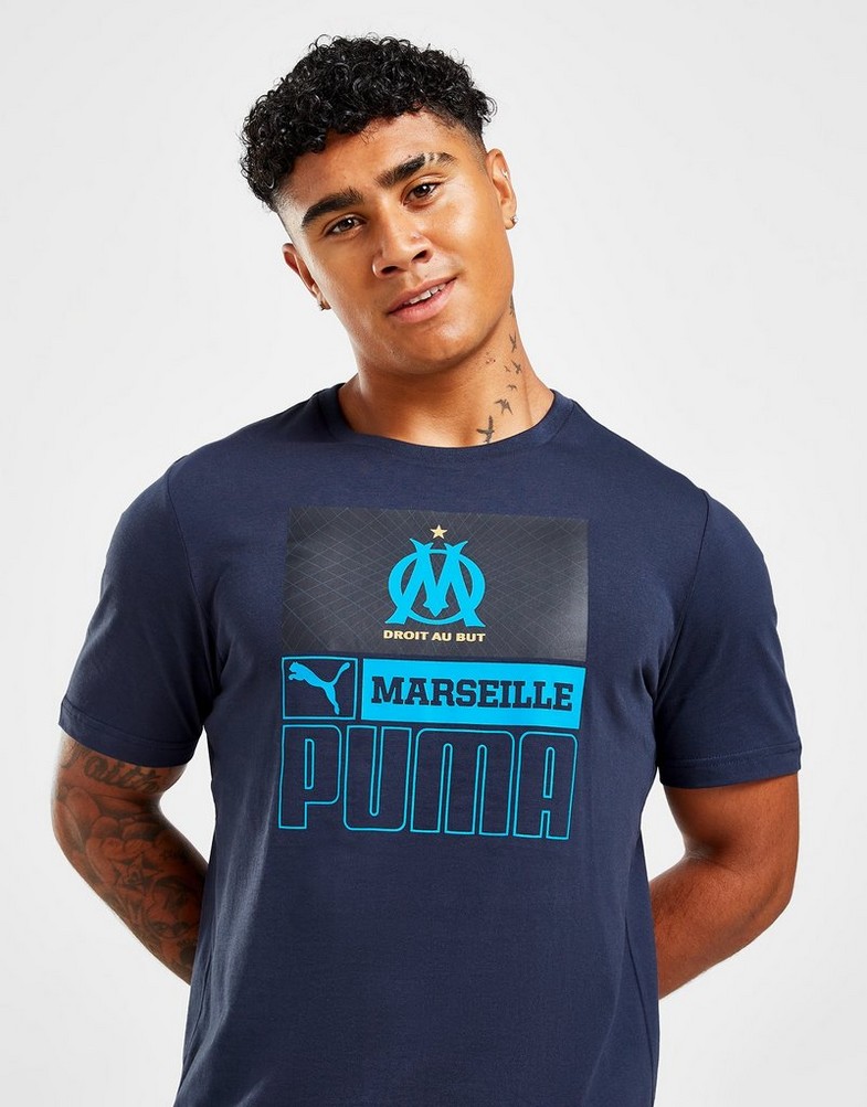 Koszulka, t-shirt męski PUMA KRÓTKI RĘKAW OLYMPIQUE MARSEILLE CORE T-SHIRT 76730702 Granatowy
