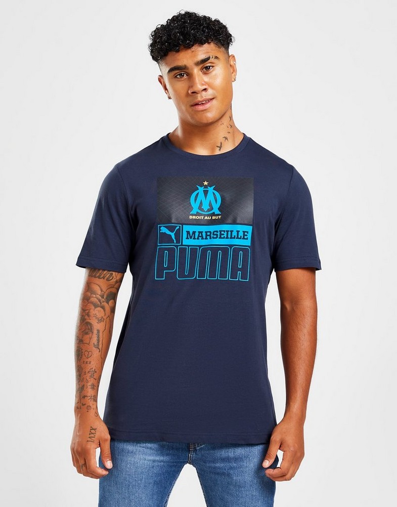 Koszulka, t-shirt męski PUMA KRÓTKI RĘKAW OLYMPIQUE MARSEILLE CORE T-SHIRT 76730702 Granatowy