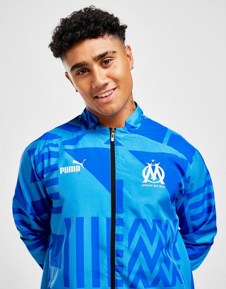 Koszulka, t-shirt męski PUMA KRÓTKI RĘKAW OLYMPIQUE MARSEILLE PRE MATCH JACKET 76726413 Niebieski