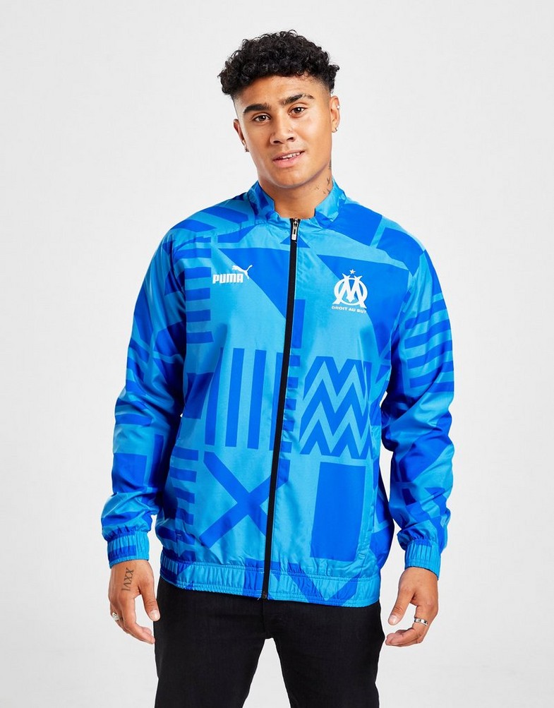 Koszulka, t-shirt męski PUMA KRÓTKI RĘKAW OLYMPIQUE MARSEILLE PRE MATCH JACKET 76726413 Niebieski