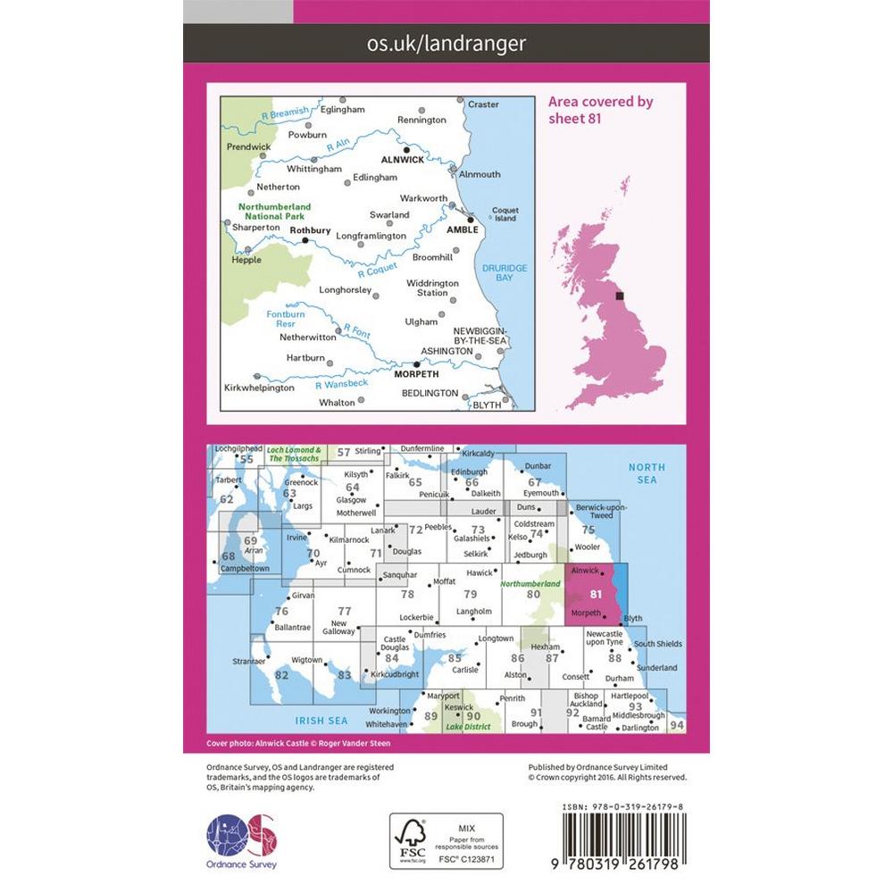 Ordnance Survey OS Landranger Map 81 Alnwick & Morpeth, Rothbury & Amble