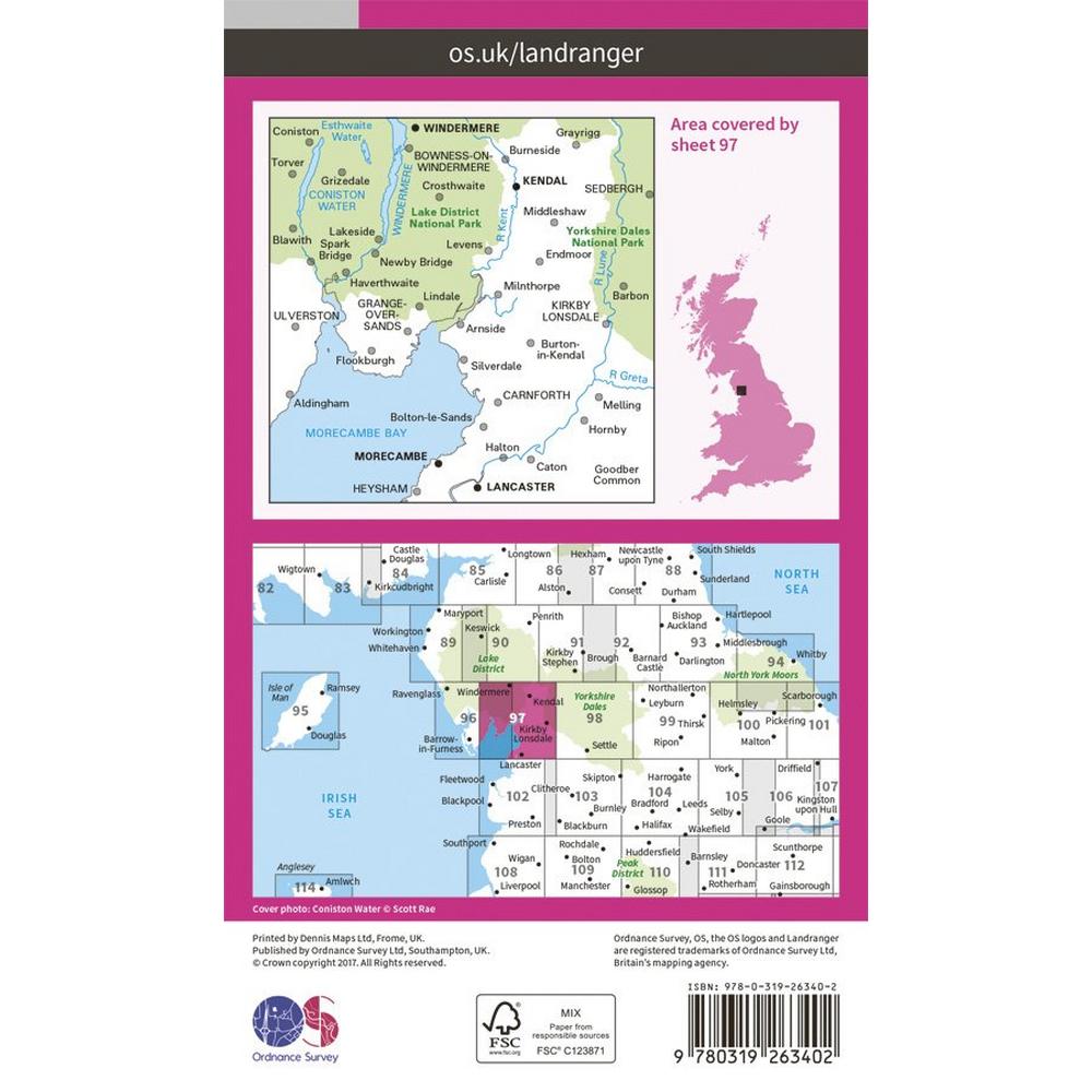 Ordnance Survey OS Landranger Map 97 Kendal, Morecambe, Windermere & Lancaster