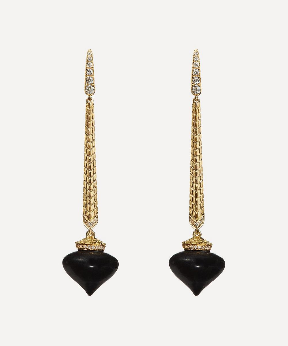 ANNOUSHKA 18CT GOLD TOUCH WOOD EBONY AND DIAMOND DROP EARRINGS,000570362