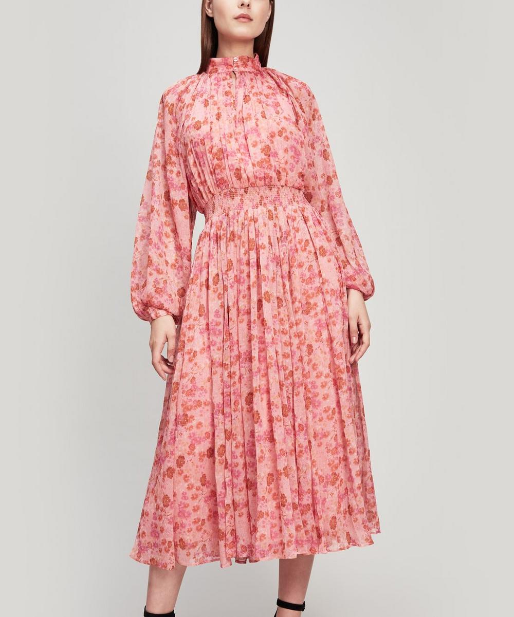 Bytimo Floral Bell-sleeve High-neck Maxi-dress In Pink Garden