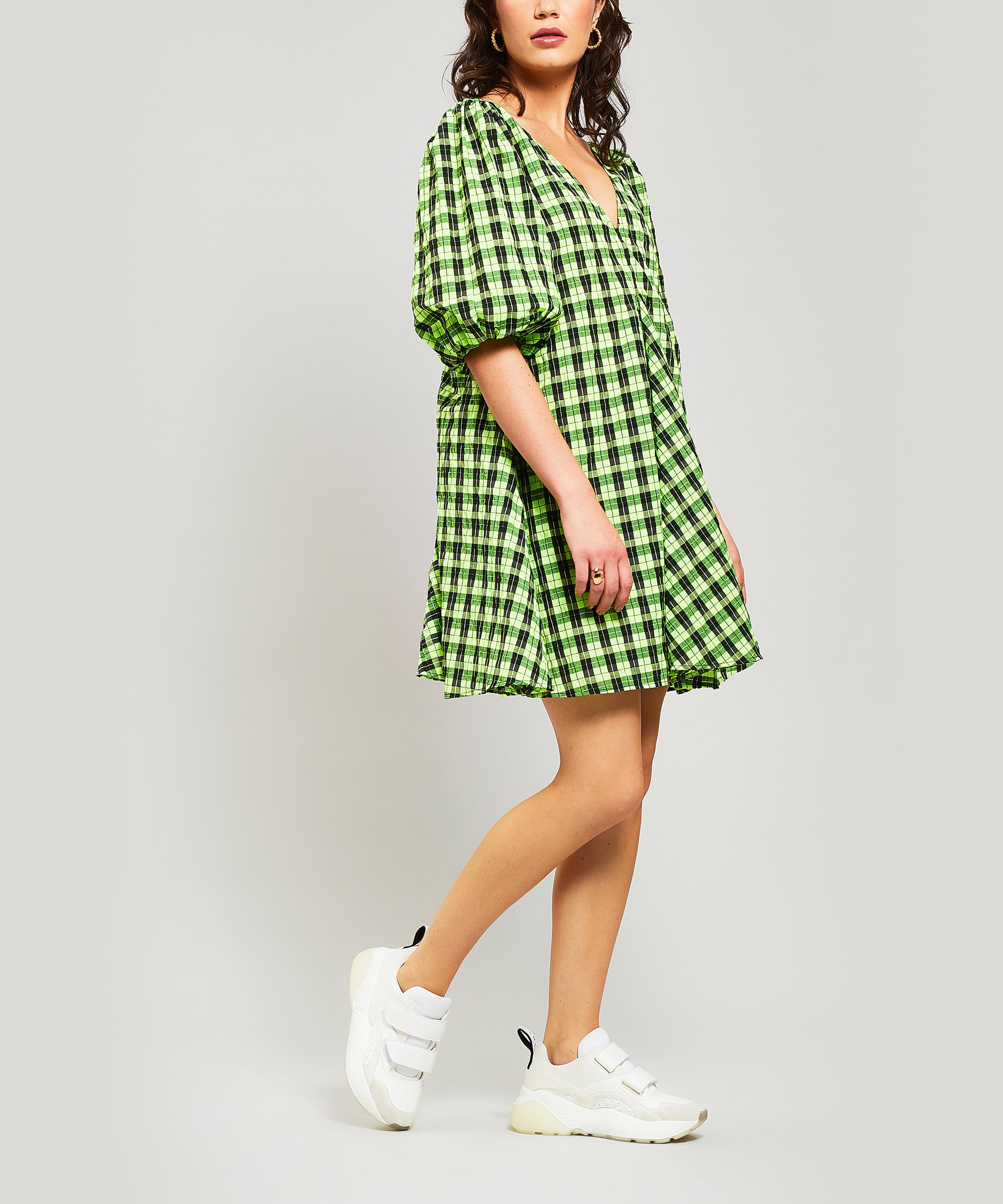 Ganni Seersucker Checked Mini Dress In Neon Maize